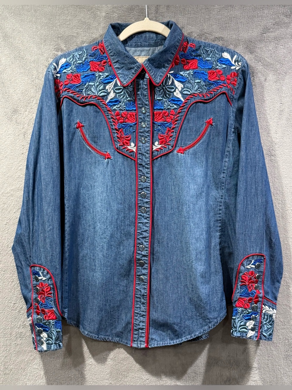 Scully Embroidered Western Floral Shirt Size L Denim Pearl Snap Rodeo USA Barrel